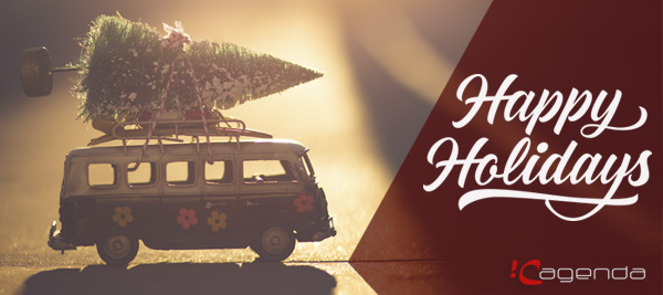 A toy VW combi with a Christmas tree on the roof.